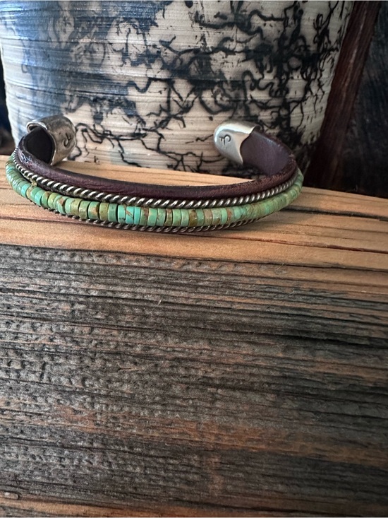 Charlie Favour Jewelry - Turquoise Bead Leather Cuff Bracelet - Brown and Turquoise